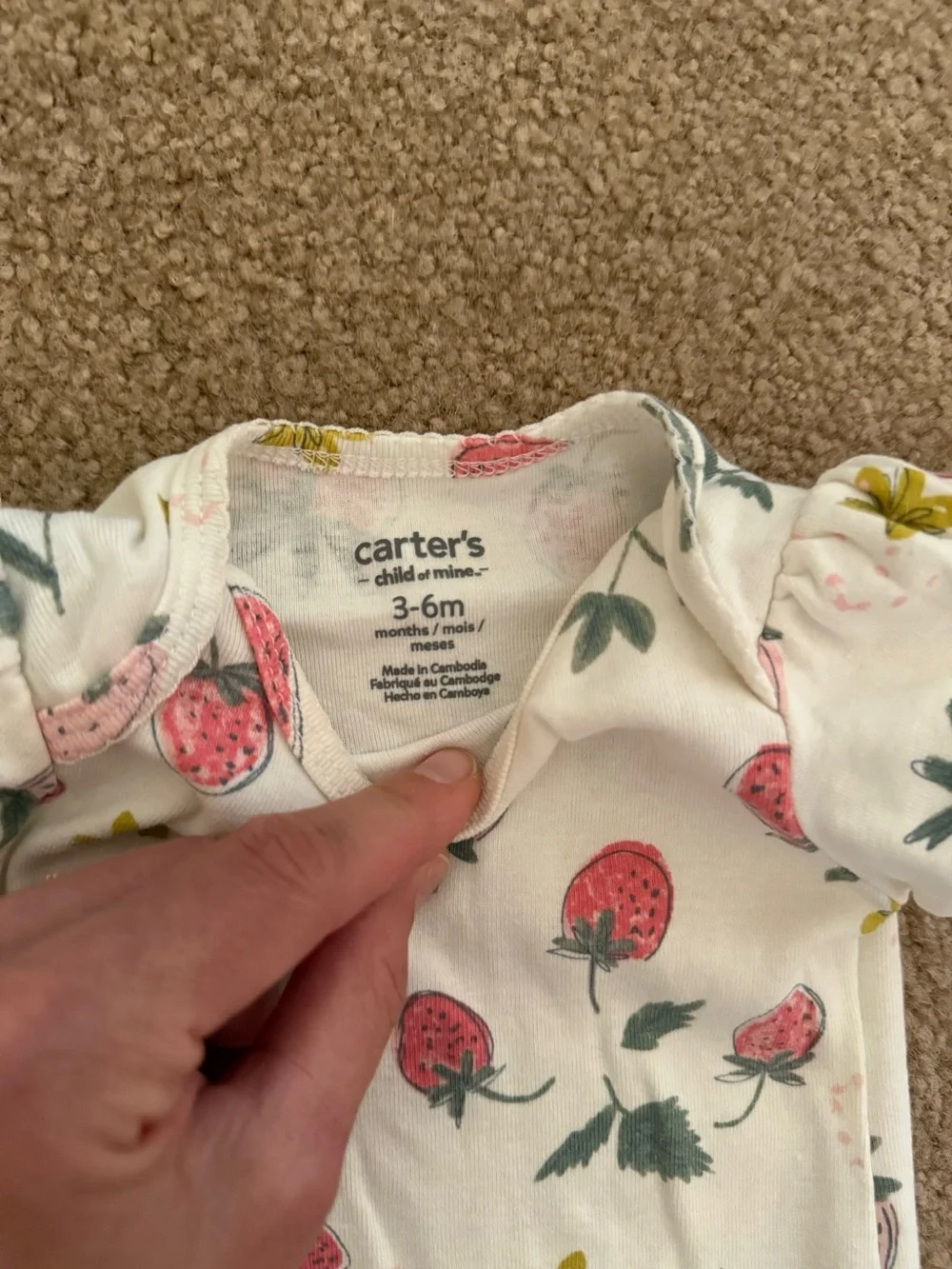 Carter's White Strawberry Print Ruffle-Sleeve Baby onesie
